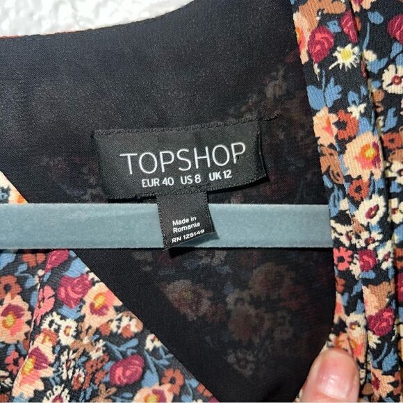 Top Shop Womens Floral V-Neck Long Sleeve Ruffle Mini A-Line Dress Black Size 8 - Picture 7 of 11